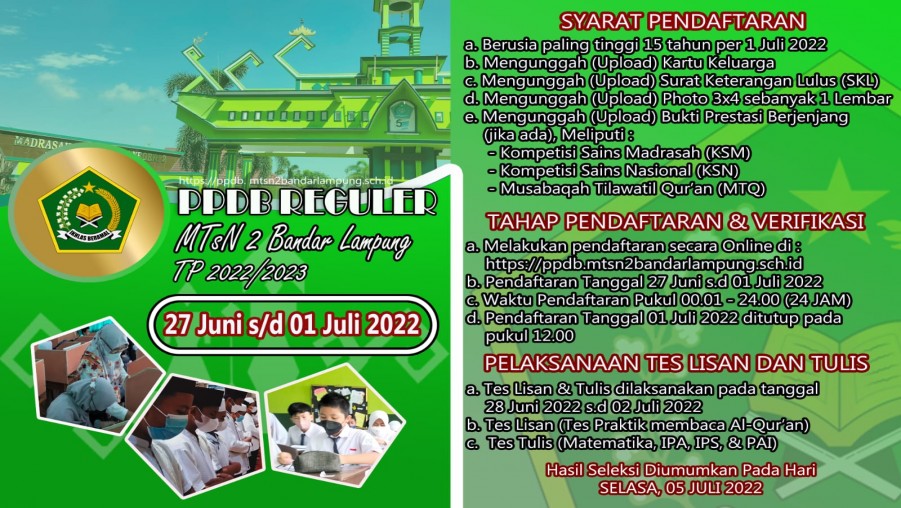Penerimaan Peserta Didik Baru (PPDB) Kelas Reguler MTs Negeri 2 Bandar Lampung