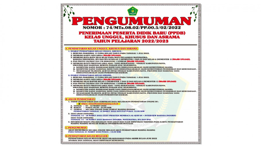 Pengumuman PPDB Kelas Unggul / Asrama TP 2022/2003